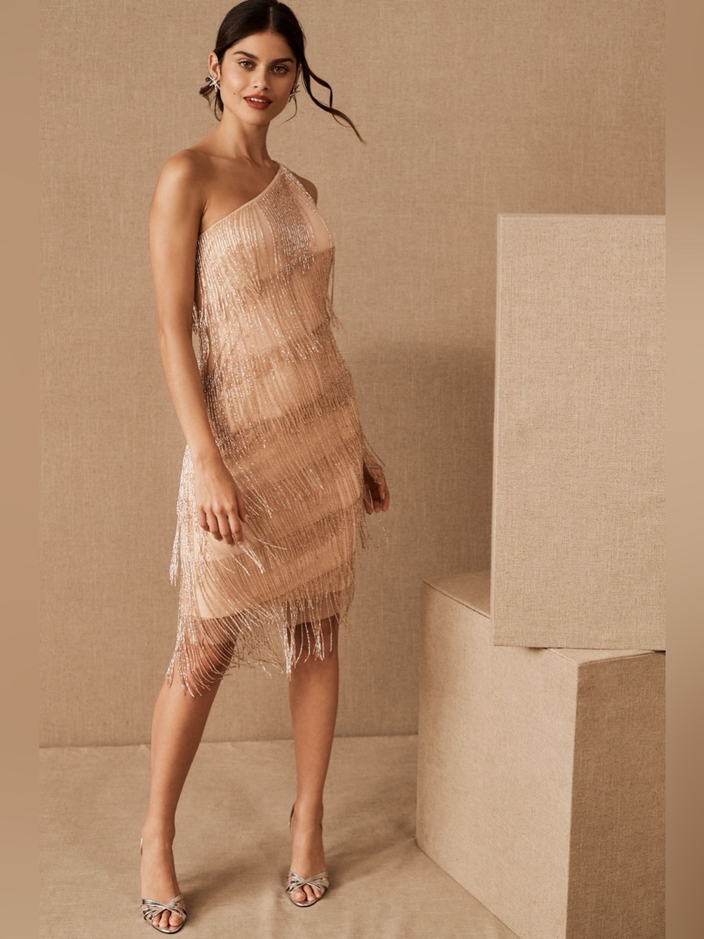 Adrianna Papell Nude/Blush One-Shoulder Beaded Fringe Cocktail Dress